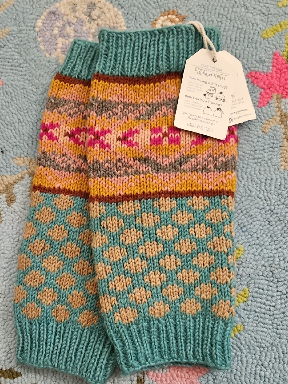 French Knot Teal & Pink Patterned Knit Leg Warmers